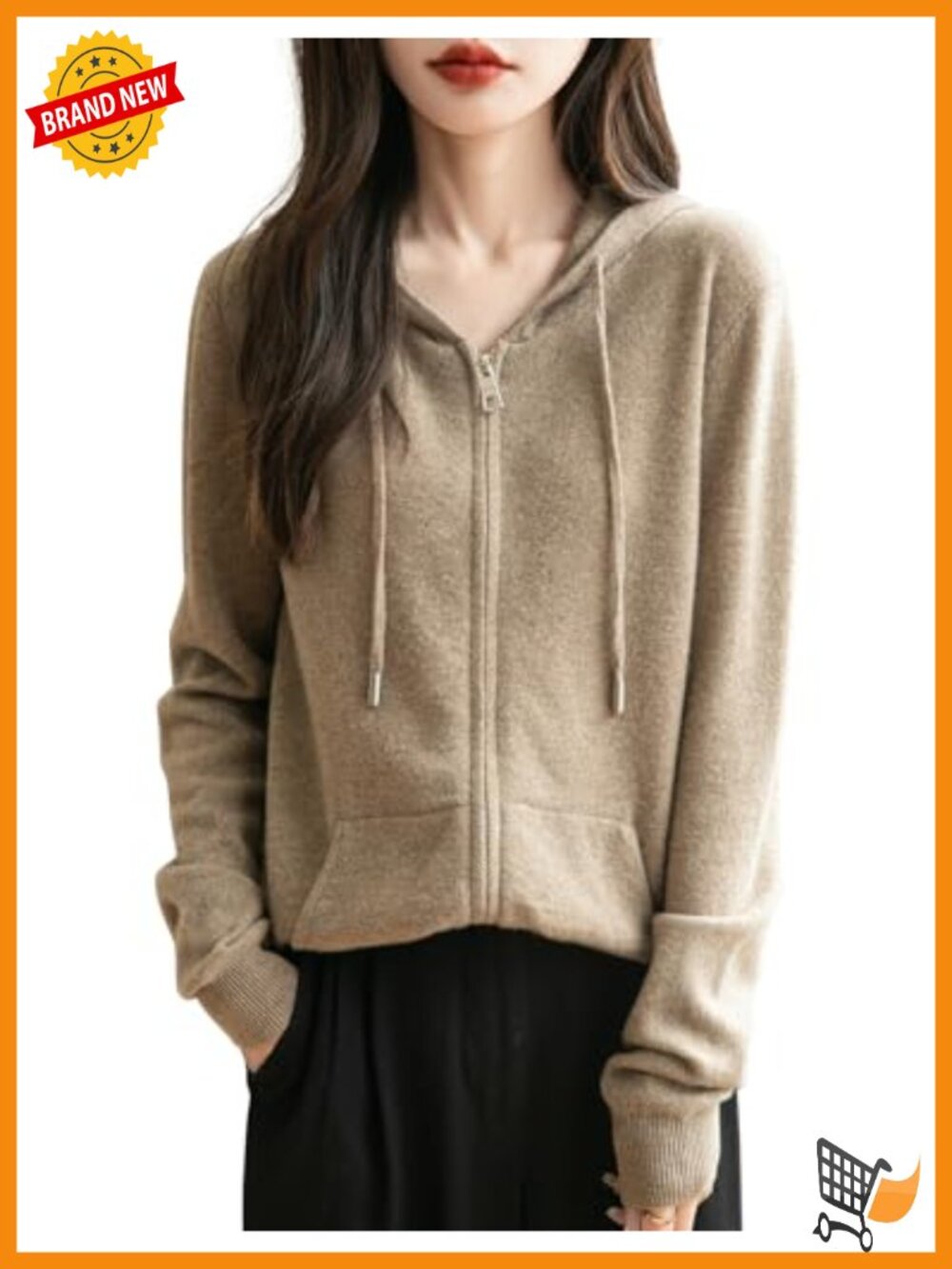 100% Merino Wool Zip Up Hoodie Cardigan Long Sleeve Knit Sweatshirt with Pocket